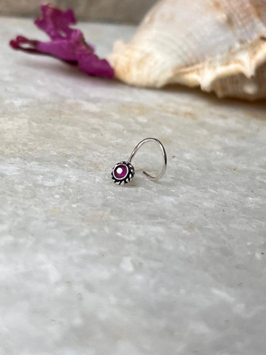 Tribal rawa pink CZ stone wired back 925 sterling silver nose pin  