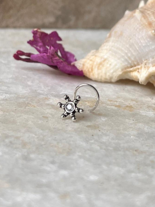 Tribal Rawa White Cz Stone Wired Back 925 Sterling Silver Nose pin
