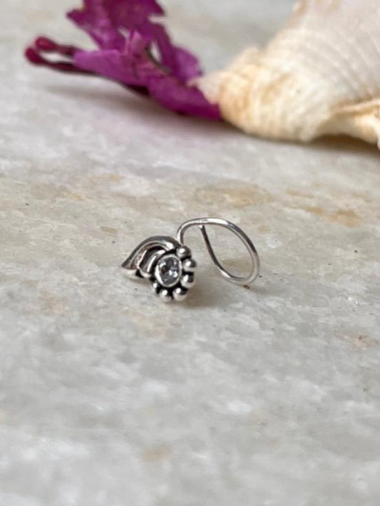Tribal rawa white CZ stone wired back 925 sterling silver nose pin  