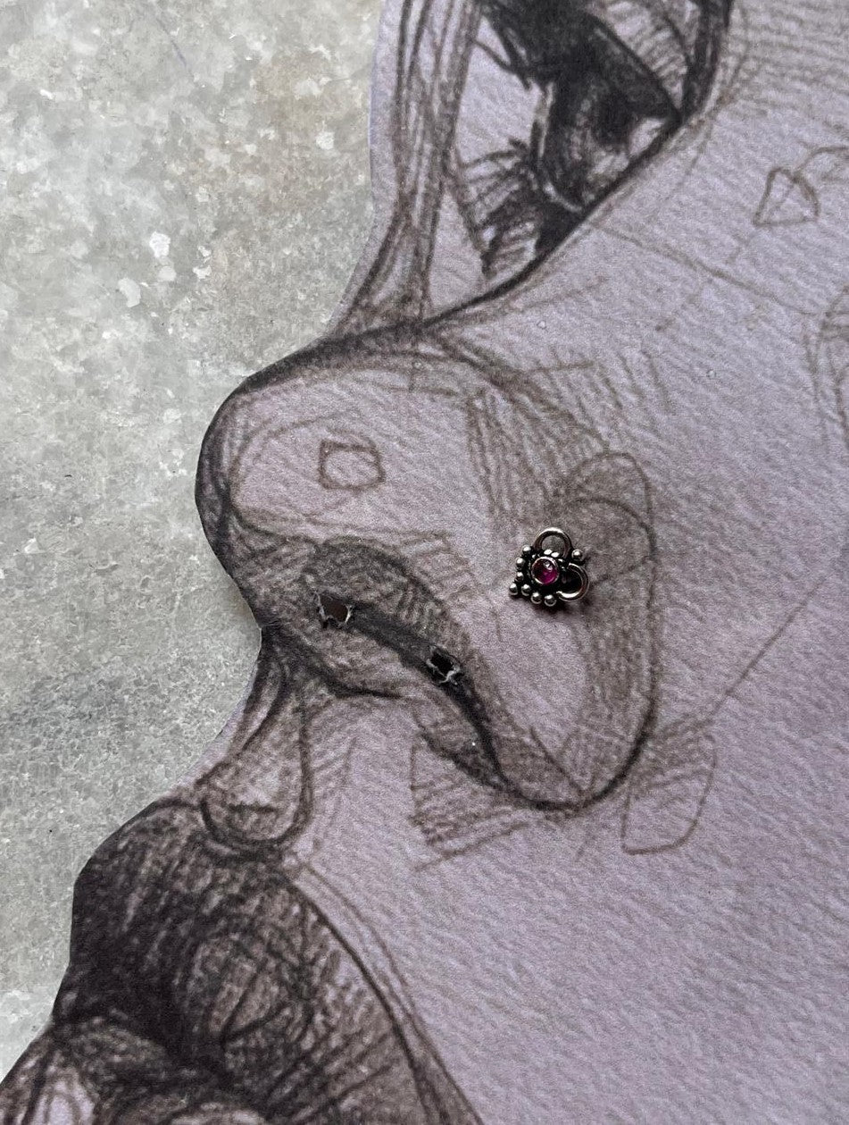 Ethnic tribal rawa pink CZ nose stud in sterling silver
