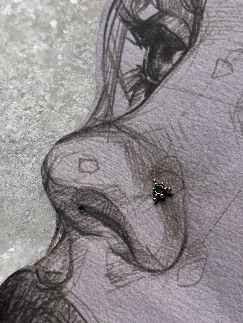 Handcrafted green CZ stone tribal rawa silver nose pin  