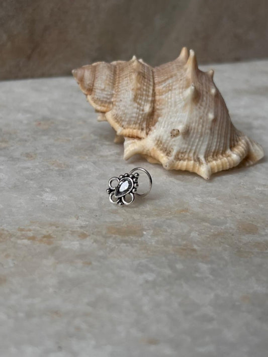 Tribal Rawa White Cz Stone Wired Back 925 Sterling Silver Nose pin