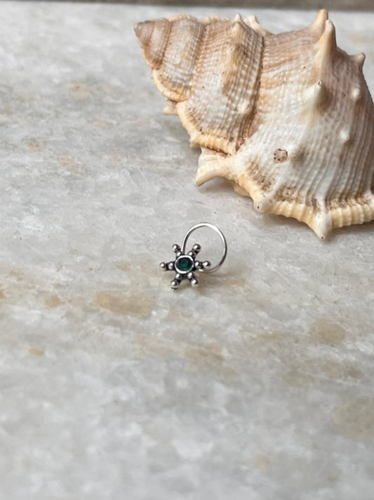 Handcrafted tribal rawa green CZ nose pin sterling silver  