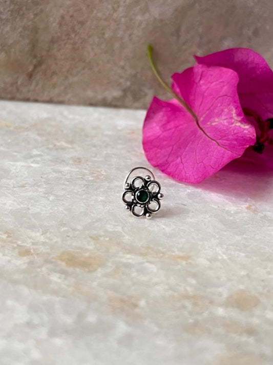 Tribal Rawa Green Cz Stone Wired Back 925 Sterling Silver Nose pin