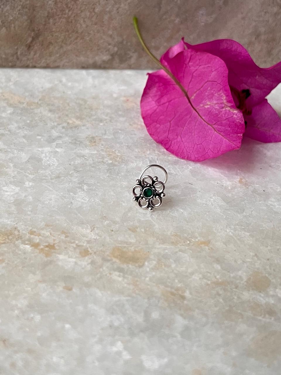 Tribal Rawa Green Cz Stone Wired Back 925 Sterling Silver Nose pin
