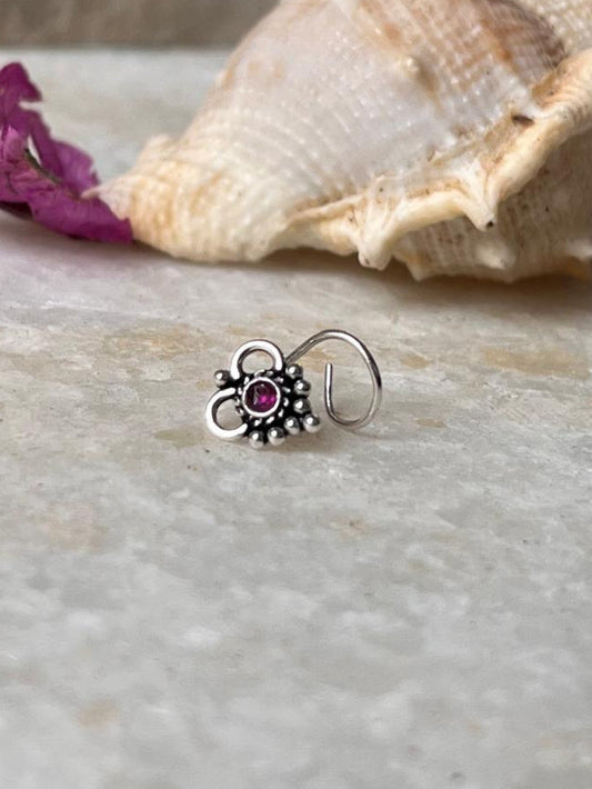 Tribal rawa pink CZ stone wired back 925 sterling silver nose pin  