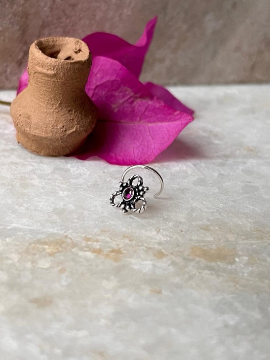Tribal Rawa Pink Cz Stone Wired Back 925 Sterling Silver Nose pin