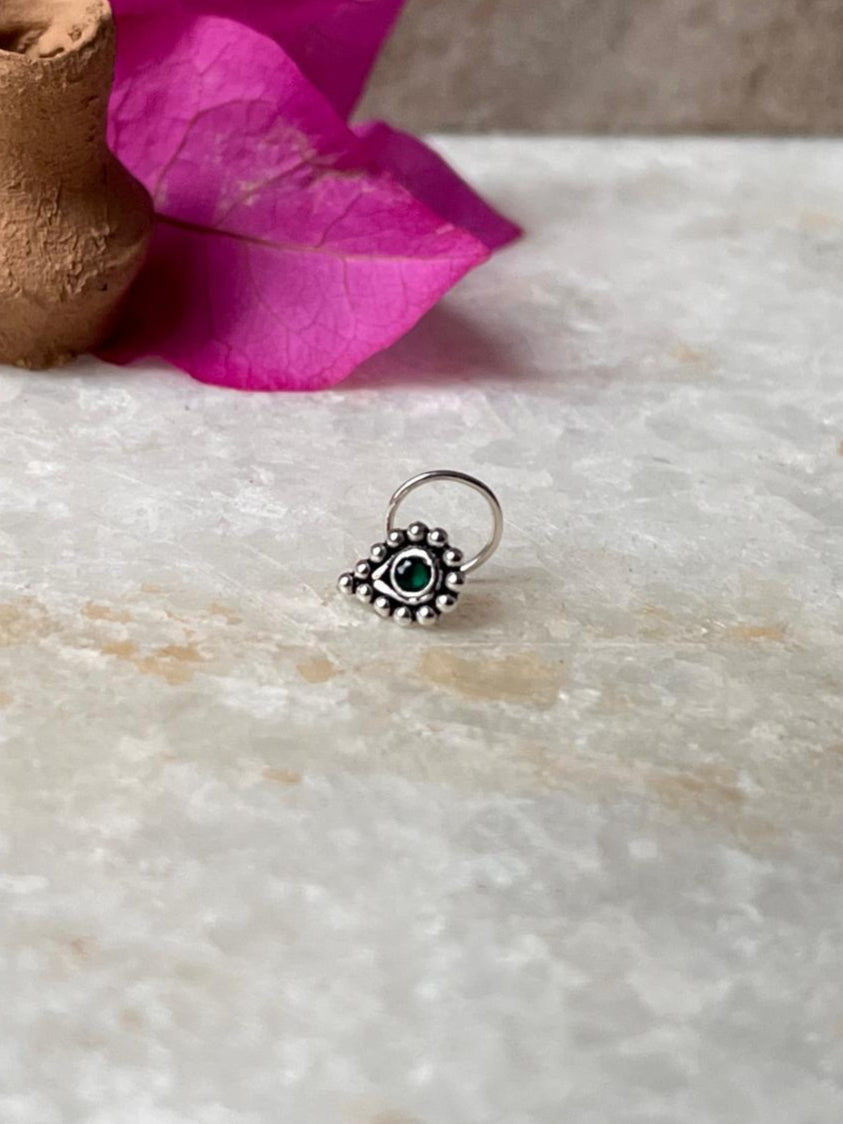Tribal Rawa Green Cz Stone Wired Back 925 Sterling Silver Nose pin