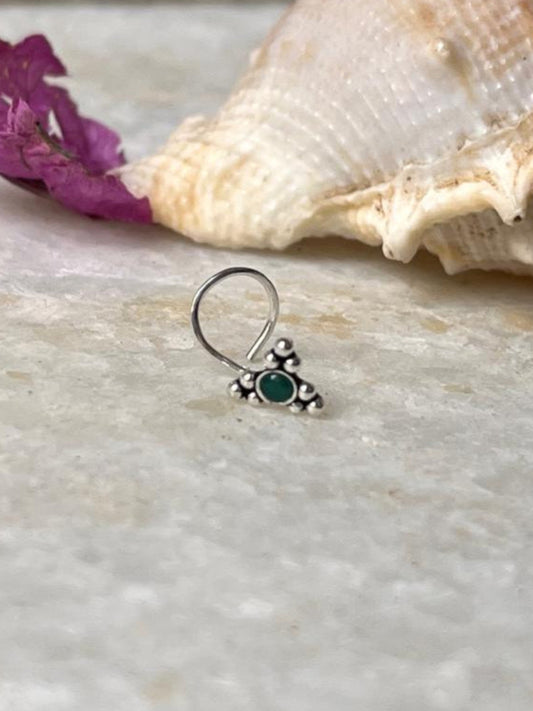 Tribal Rawa Green Cz Stone Wired Back 925 Sterling Silver Nose pin