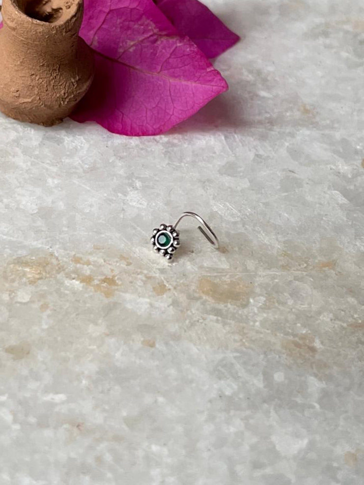 Tribal Rawa Green Cz Stone Wired Back 925 Sterling Silver Nose pin