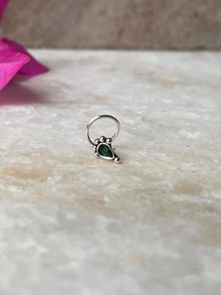 Tribal Rawa Green Cz Stone Wired Back 925 Sterling Silver Nose pin