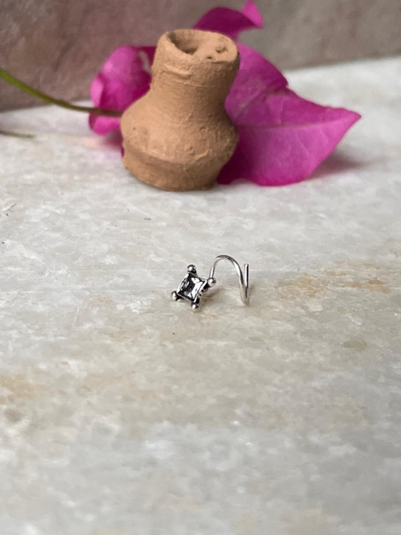 Tribal Rawa White Cz Stone Wired Back 925 Sterling Silver Nose pin