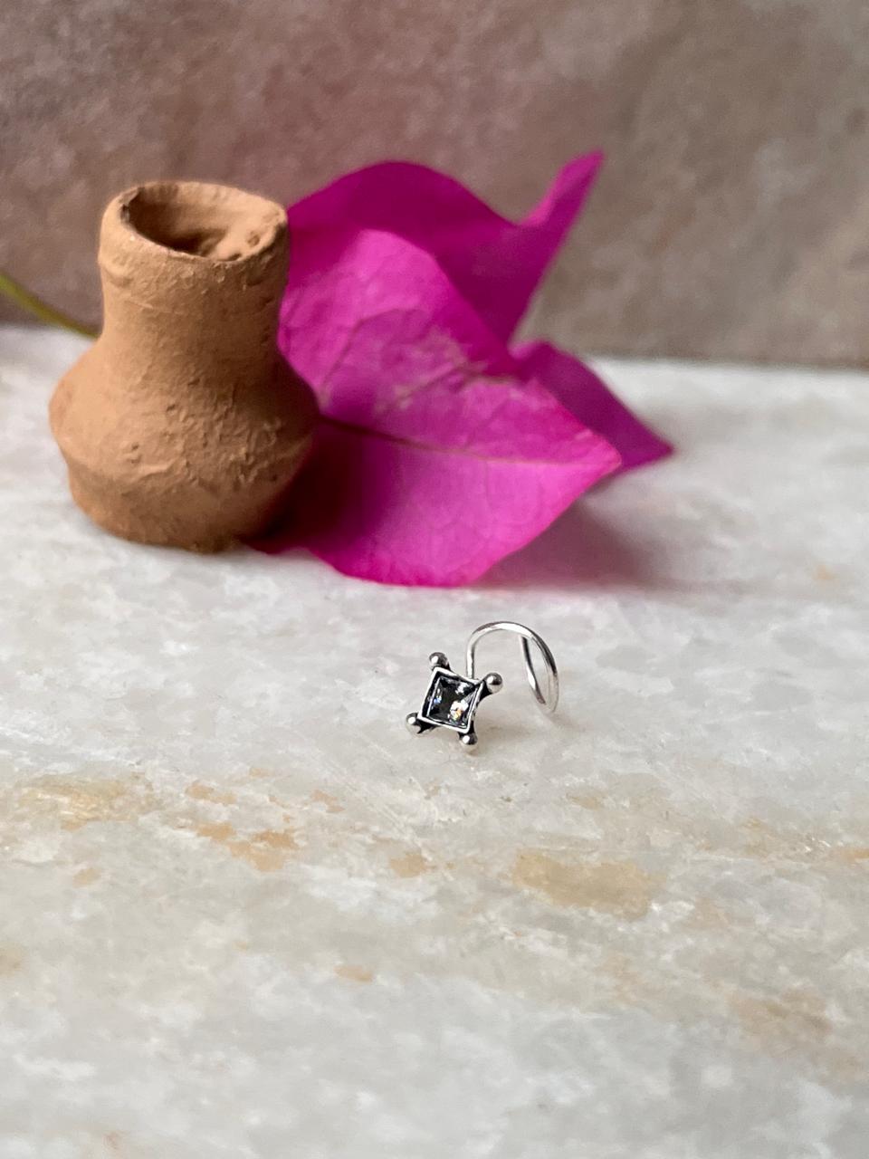 Tribal Rawa White Cz Stone Wired Back 925 Sterling Silver Nose pin