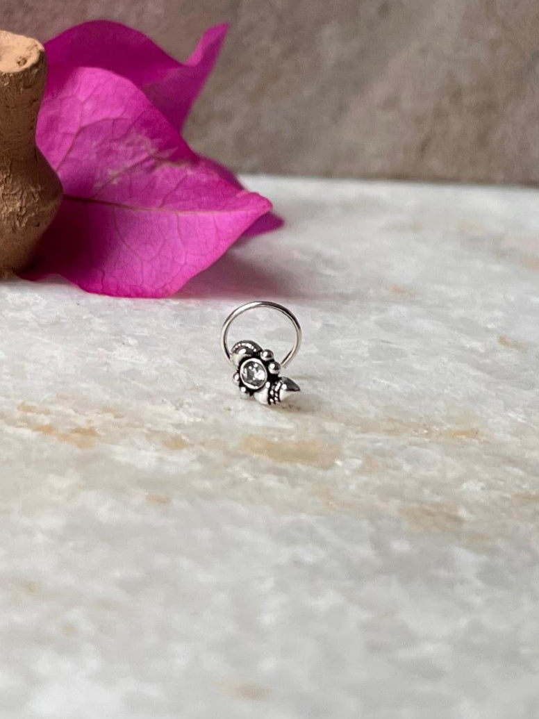 Tribal Rawa White Cz Stone Wired Back 925 Sterling Silver Nose pin