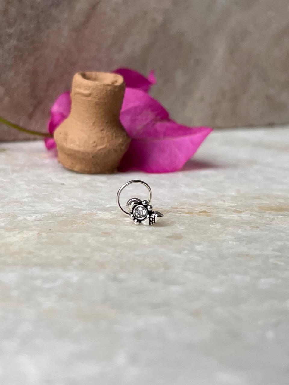 Tribal Rawa White Cz Stone Wired Back 925 Sterling Silver Nose pin