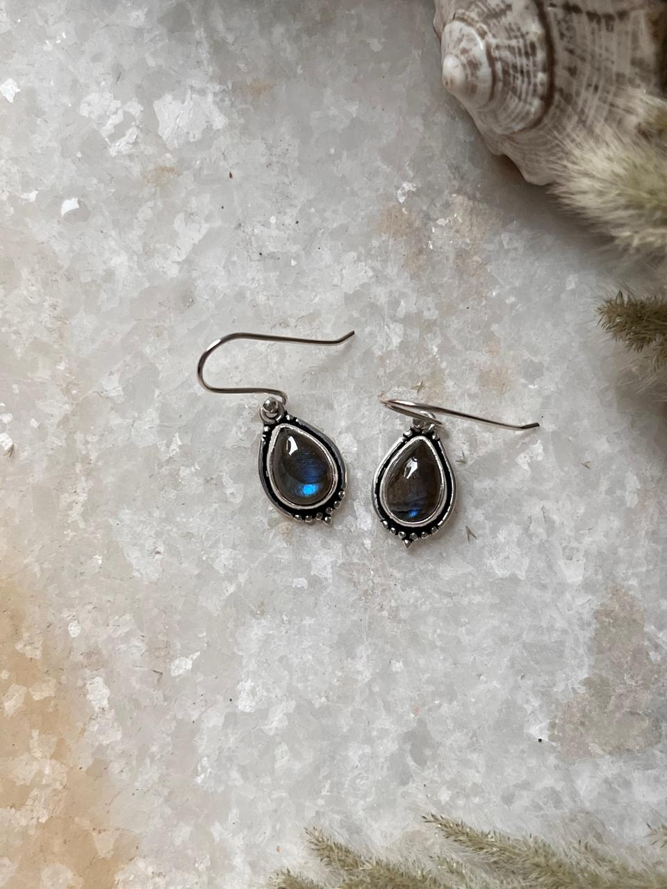 Handcrafted labradorite pear dangle earrings in sterling silver  