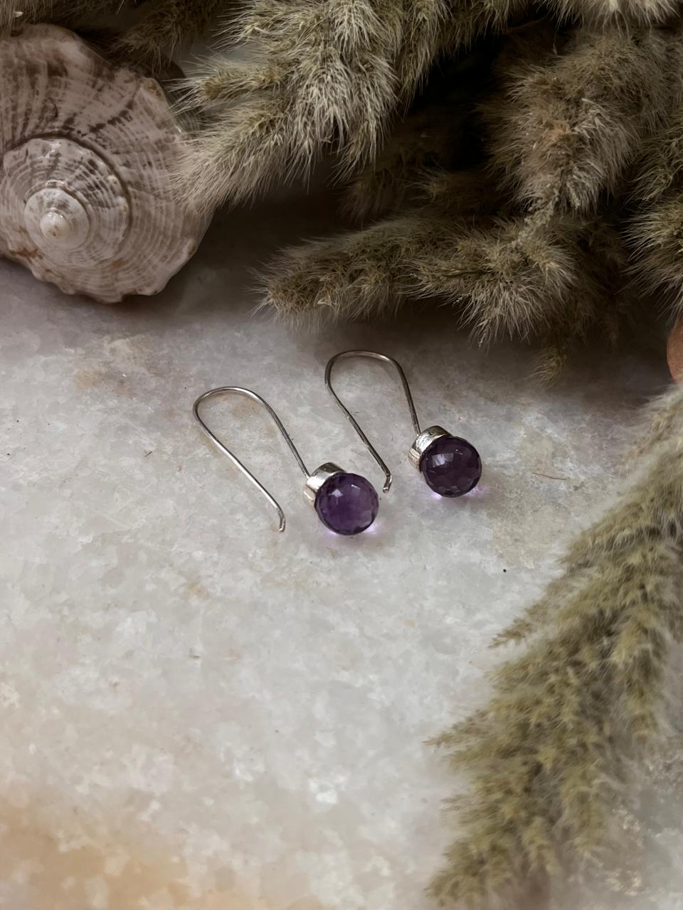 Handcrafted 925 Sterling Silver amethyst round cut dangle earrings