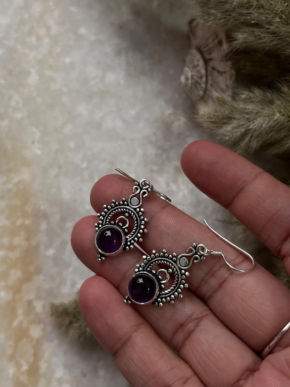 Amethyst Boho Rawa Hook 925 Sterling Silver Earrings