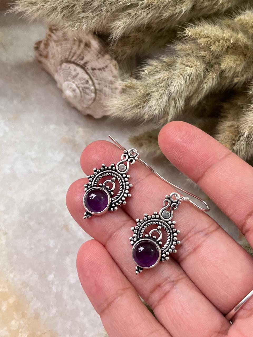 Amethyst Boho Rawa Hook 925 Sterling Silver Earrings