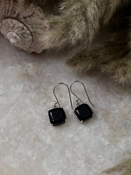Black Onyx Vintage Cushion Cut 925 Sterling Silver Earrings