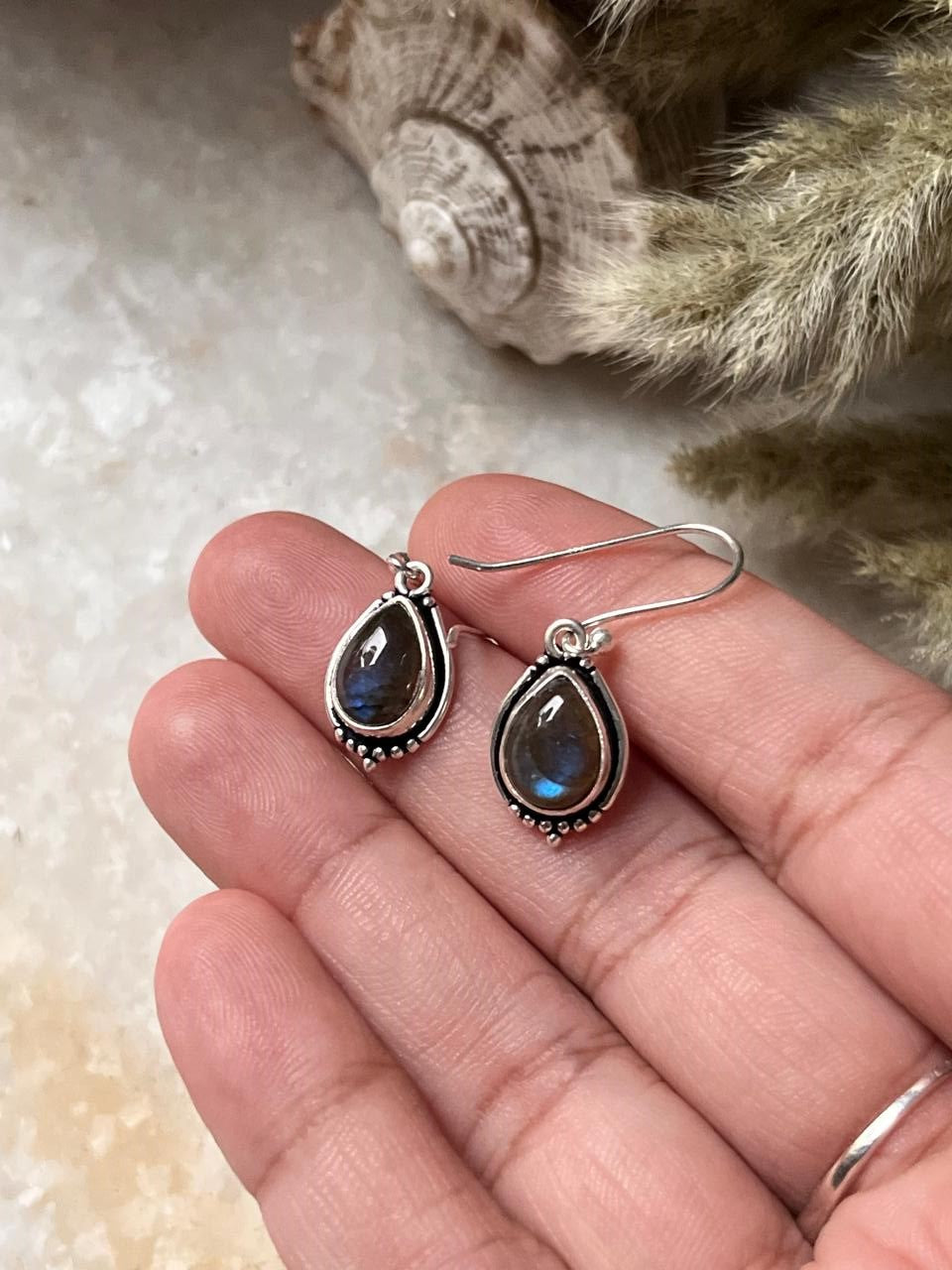 Labradorite pear boho hook 925 sterling silver earrings  