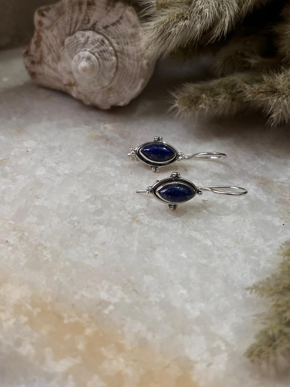Handcrafted lapis gemstone silver lock earrings in sterling silver  