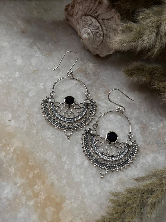 Chandbali Black Onyx 925 Sterling Silver Earrings
