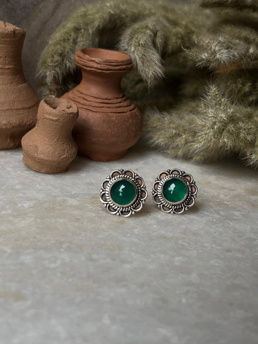 Green Onyx Floral Big Studs 925 Sterling Silver Earrings