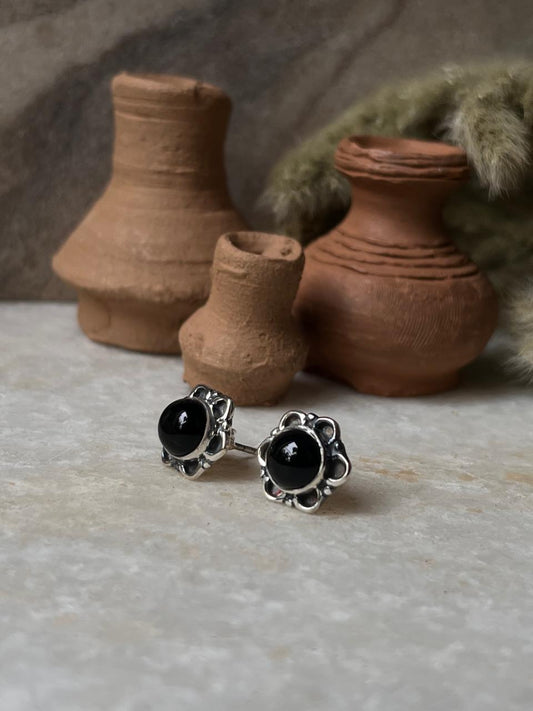 Black Onyx Small Flower Studs 925 Sterling Silver Earrings