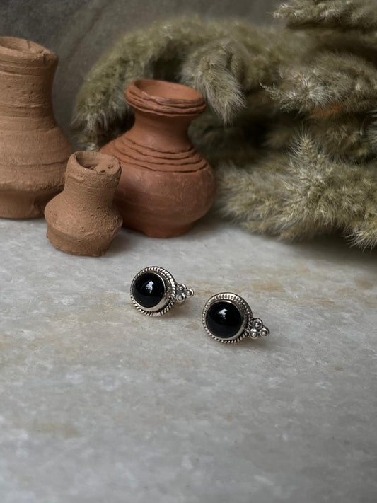 Black Onyx Rawa Round Studs 925 Sterling Silver Earrings