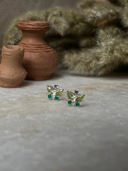 925 Sterling Silver Butterfly Peridot & Green Onyx Studs Earrings