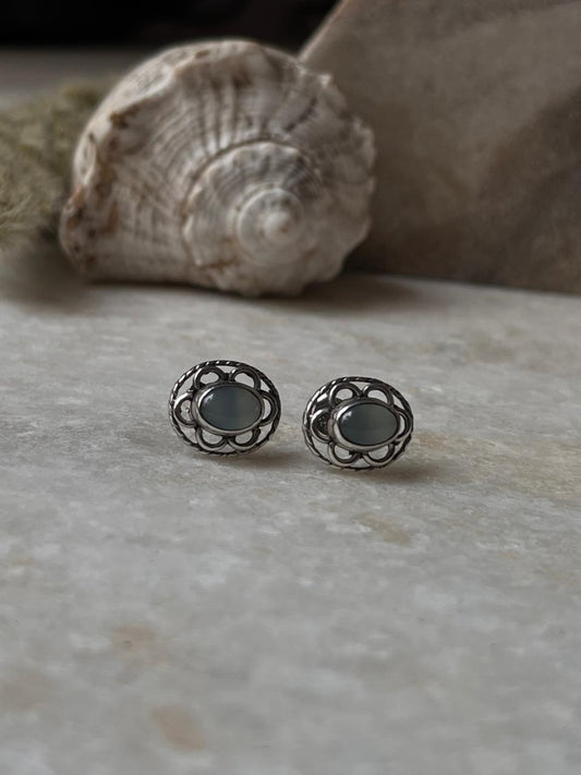 Aqua Chalcedony Oval Flower Studs 925 Sterling Silver Earrings