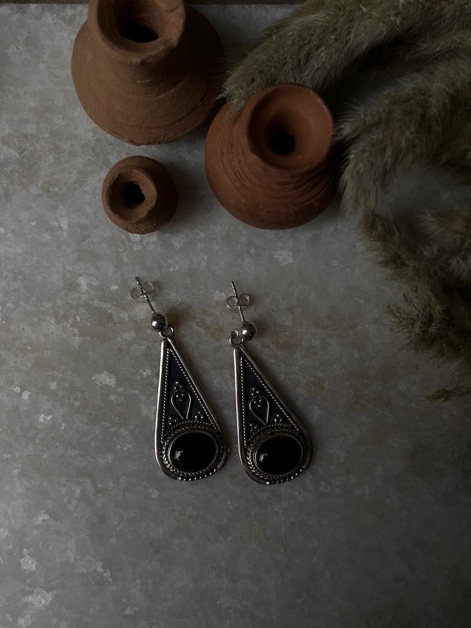 Tribal Drop Black Onyx 925 Sterling Silver Earrings
