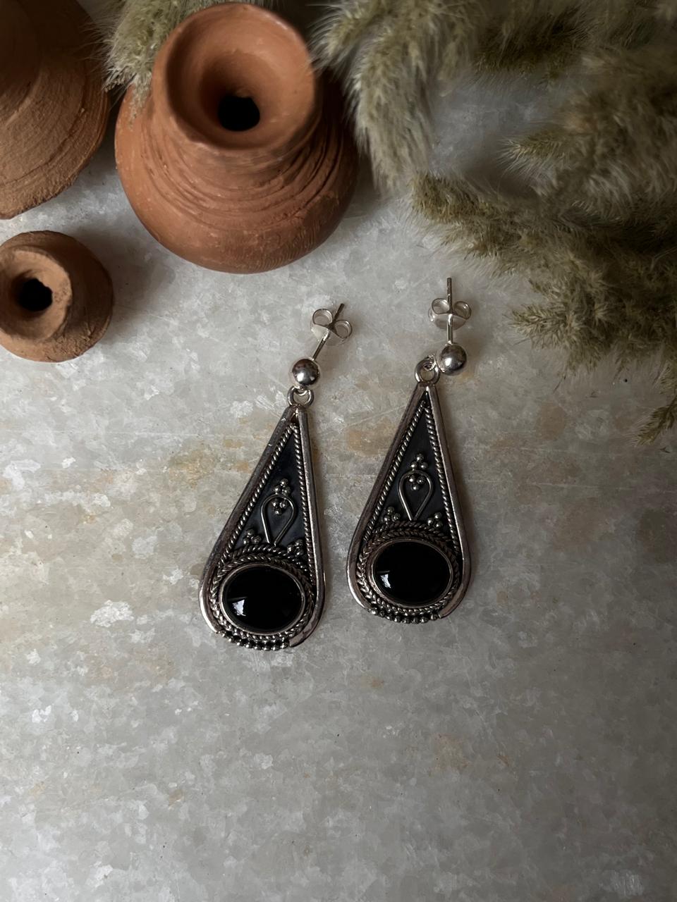 Tribal Drop Black Onyx 925 Sterling Silver Earrings