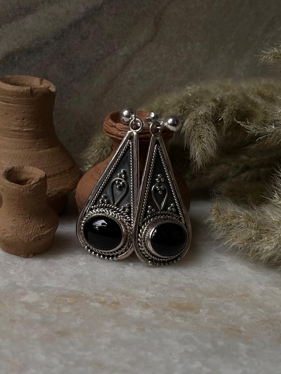 Tribal Drop Black Onyx 925 Sterling Silver Earrings