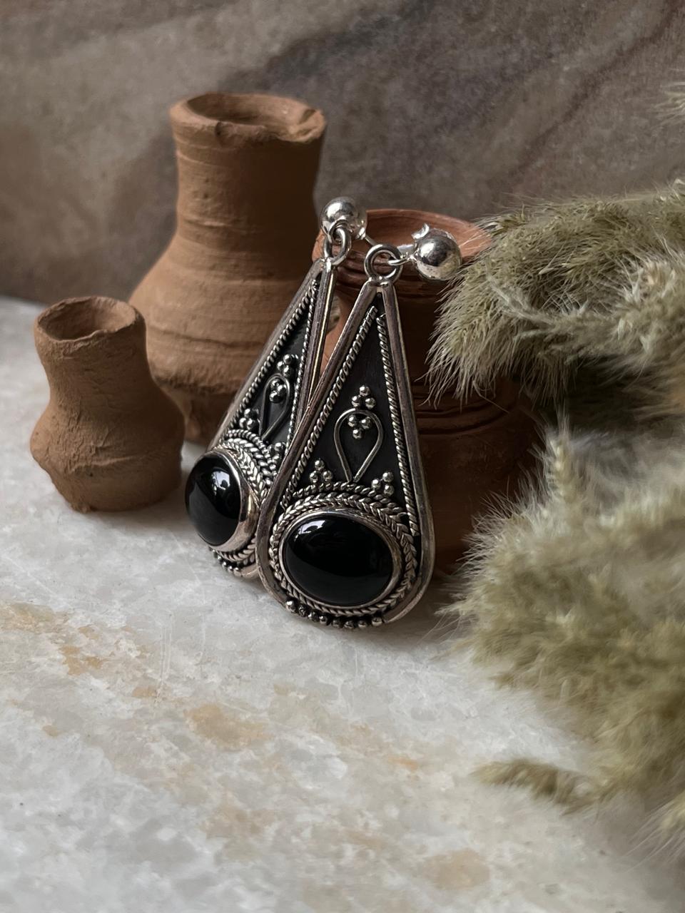 Tribal Drop Black Onyx 925 Sterling Silver Earrings