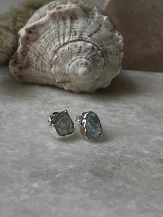 Raw Uncut Aquamarine Studs 925 Sterling Silver Earrings
