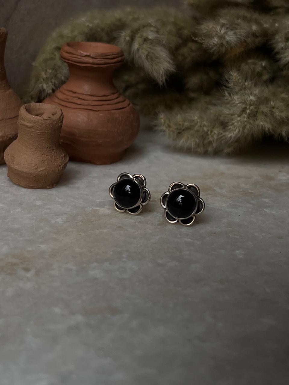 Black Onyx Flower Studs 925 Sterling Silver Earrings