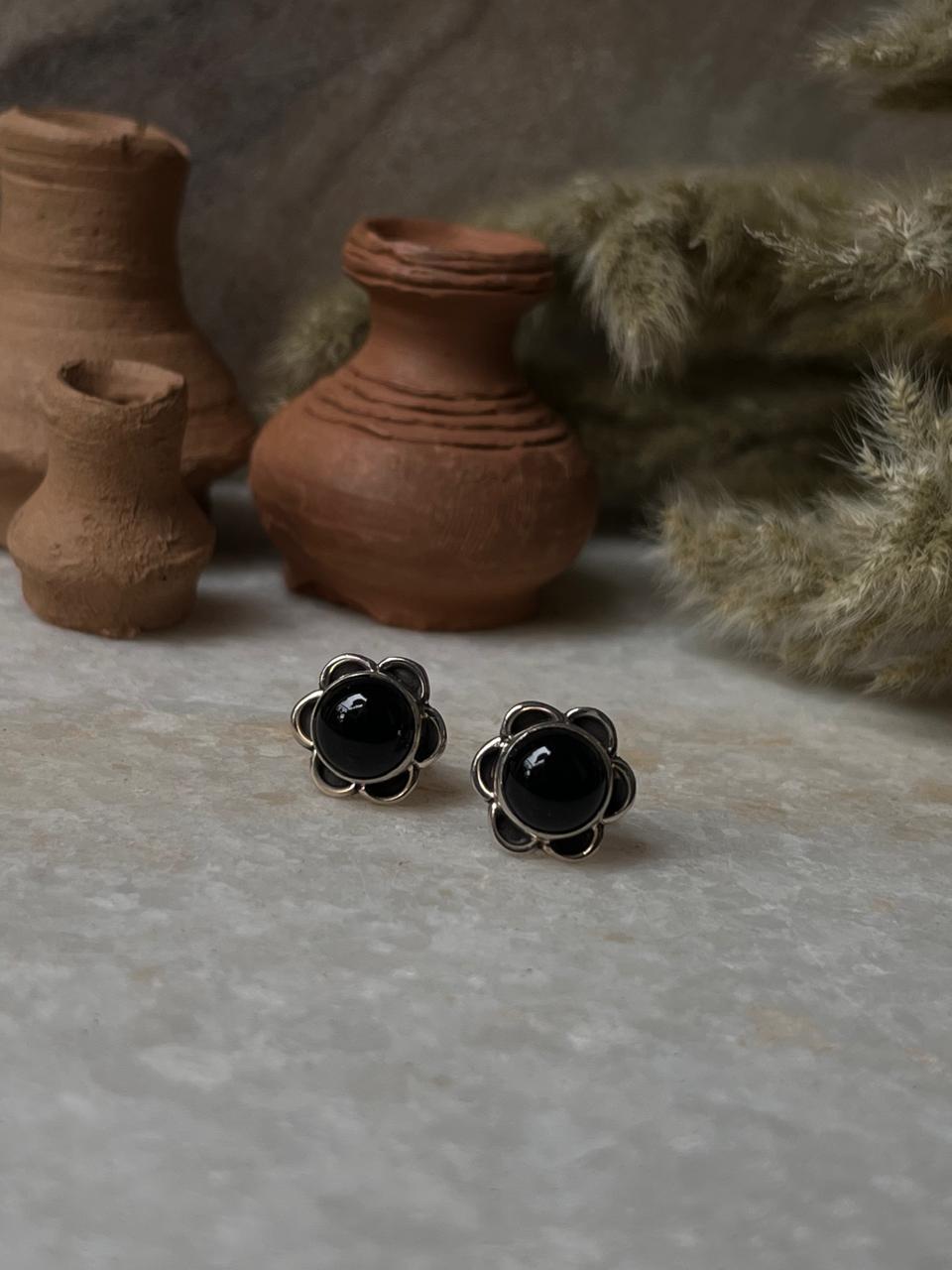 Black Onyx Flower Studs 925 Sterling Silver Earrings
