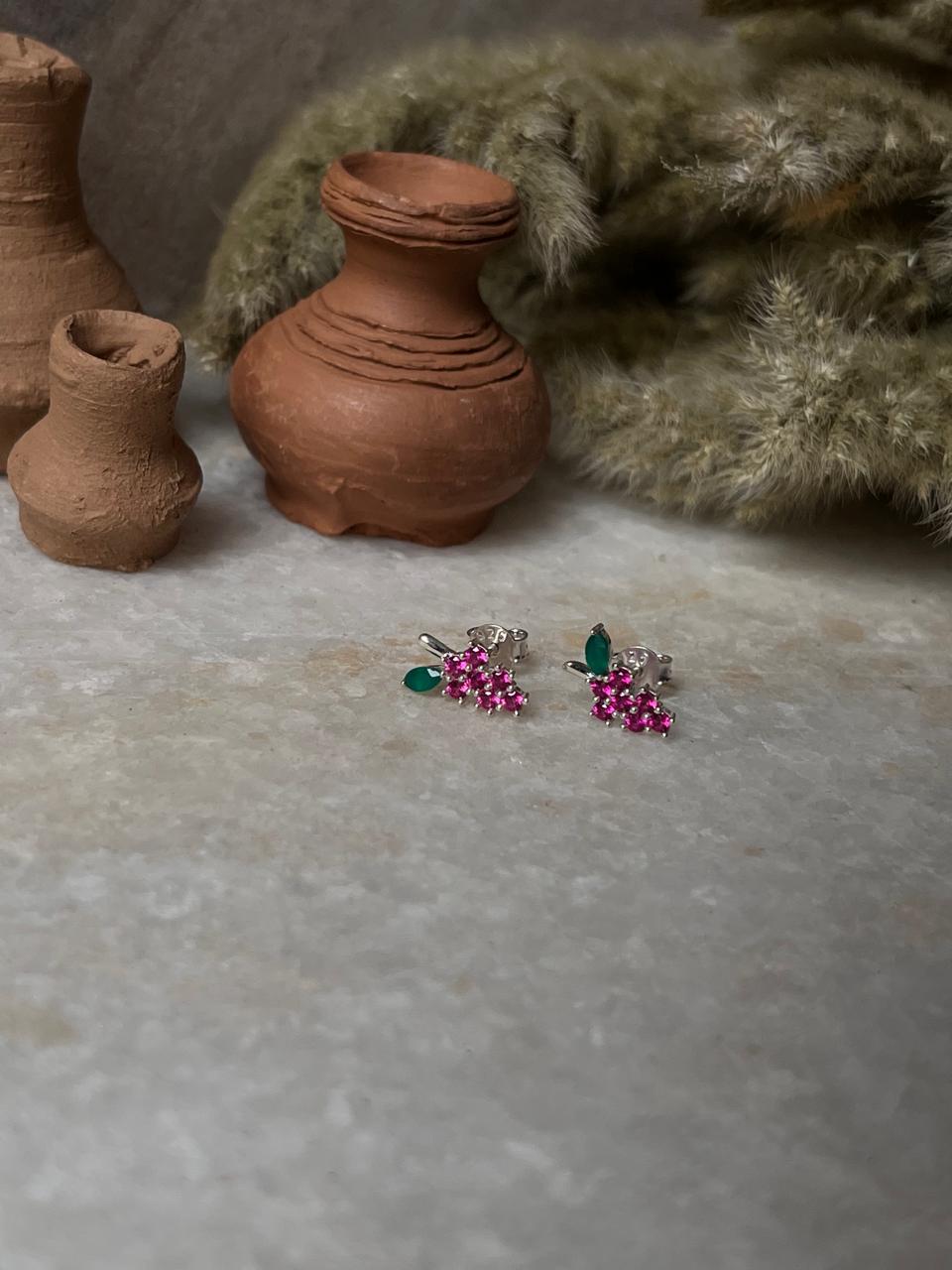 Lab Grown Ruby and Green Onyx Cute Grapes Studs 925 Sterling Silver Earrings