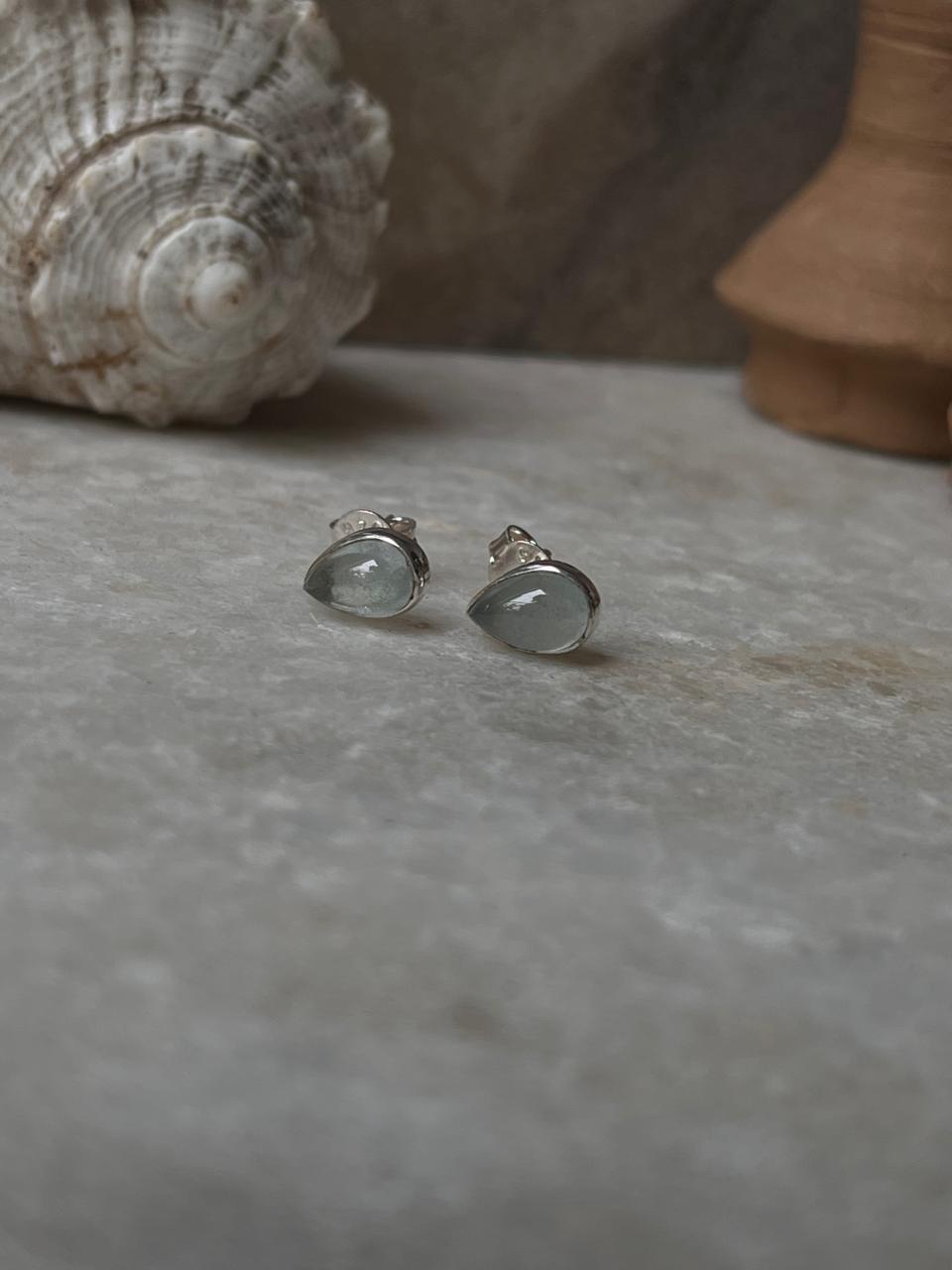 Aquamarine Pear Cab studs 925 Sterling Silver Earrings
