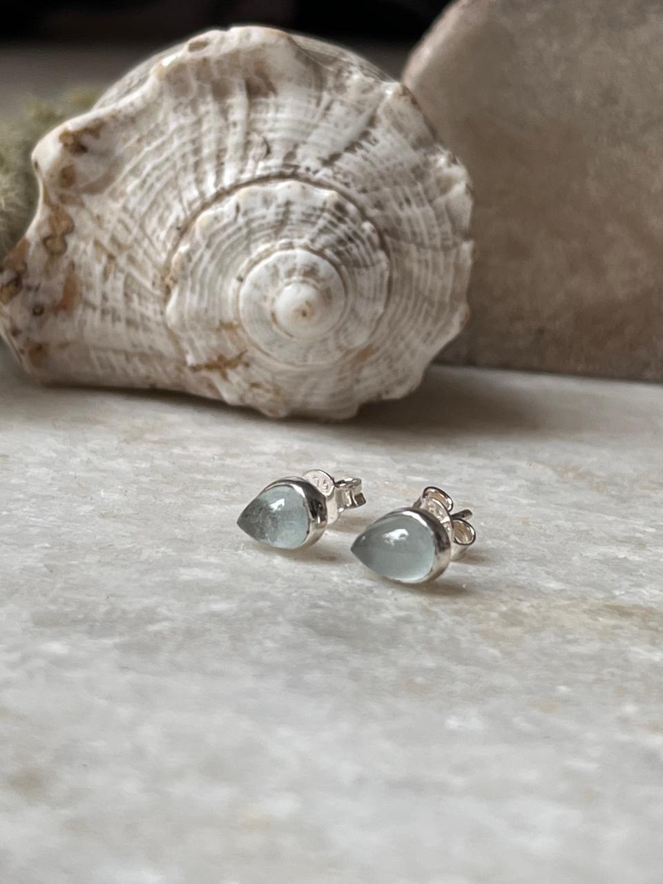 Aquamarine Pear Cab studs 925 Sterling Silver Earrings