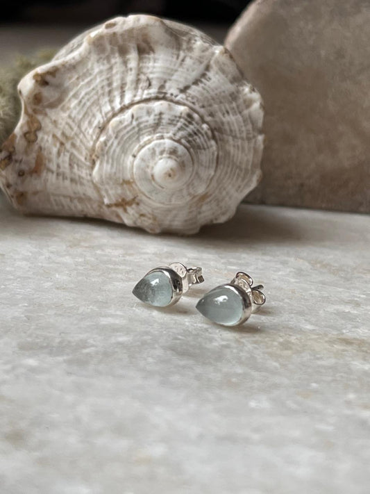 Aquamarine Pear Cab studs 925 Sterling Silver Earrings