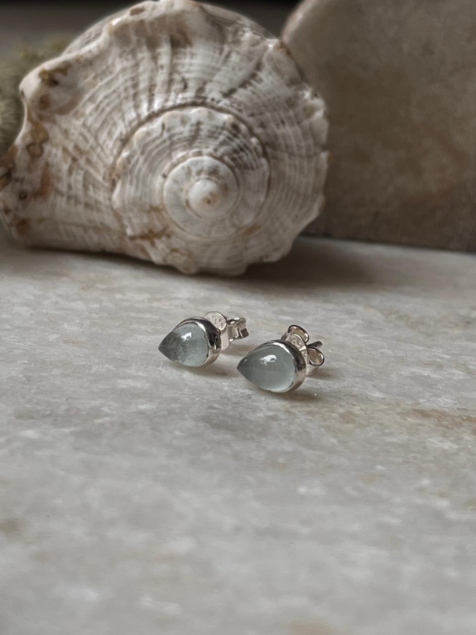 Aquamarine Pear Cab studs 925 Sterling Silver Earrings