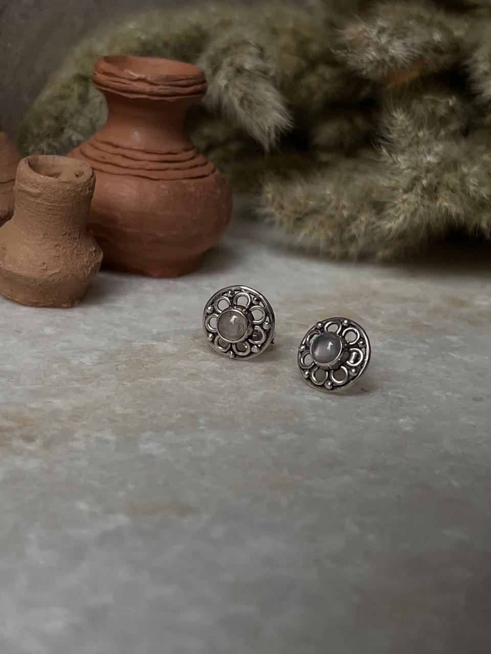 Rose Quartz Round Flower 925 Sterling Silver Earrings
