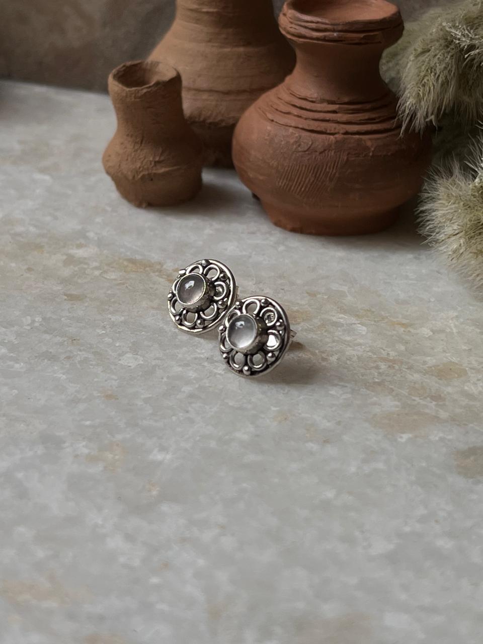 Rose Quartz Round Flower 925 Sterling Silver Earrings