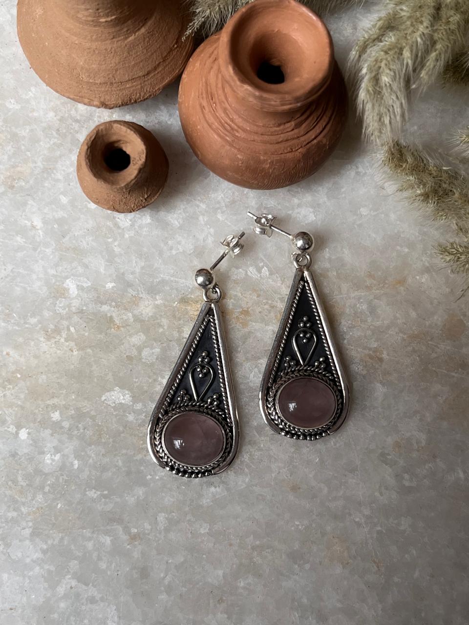 Bohemian Banjaran rose quartz silver statement earrings
