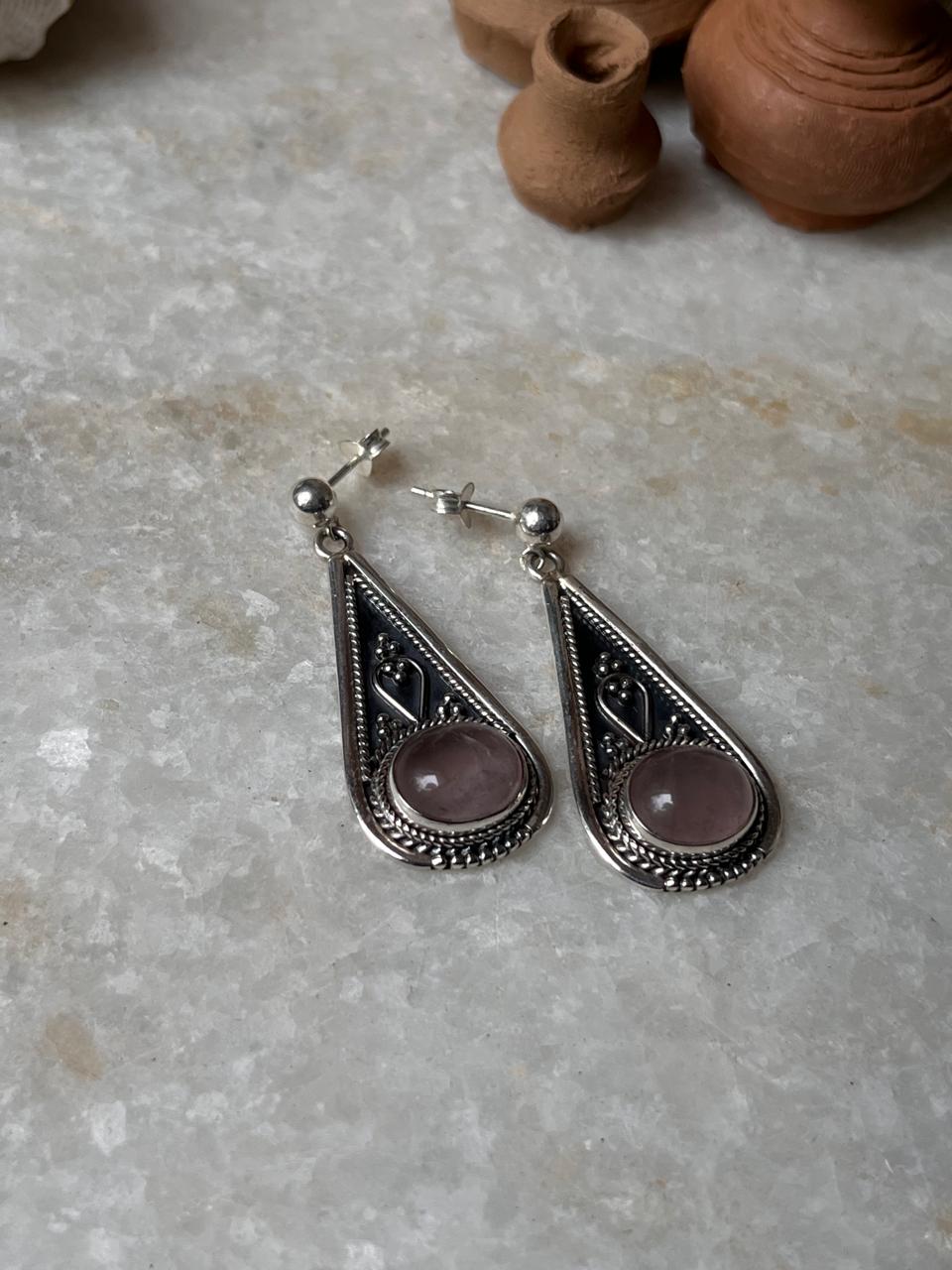 Handcrafted rose quartz statement earrings in sterling silver 