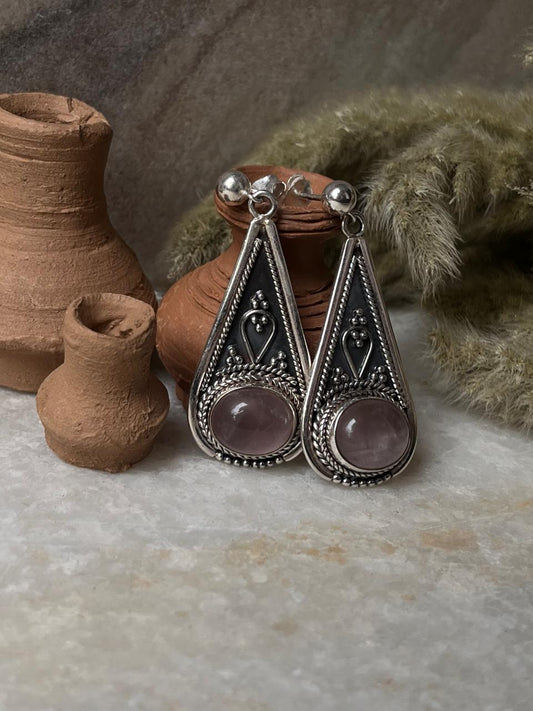 Rose Quartz Banjaran Statement 925 Sterling Silver Earrings