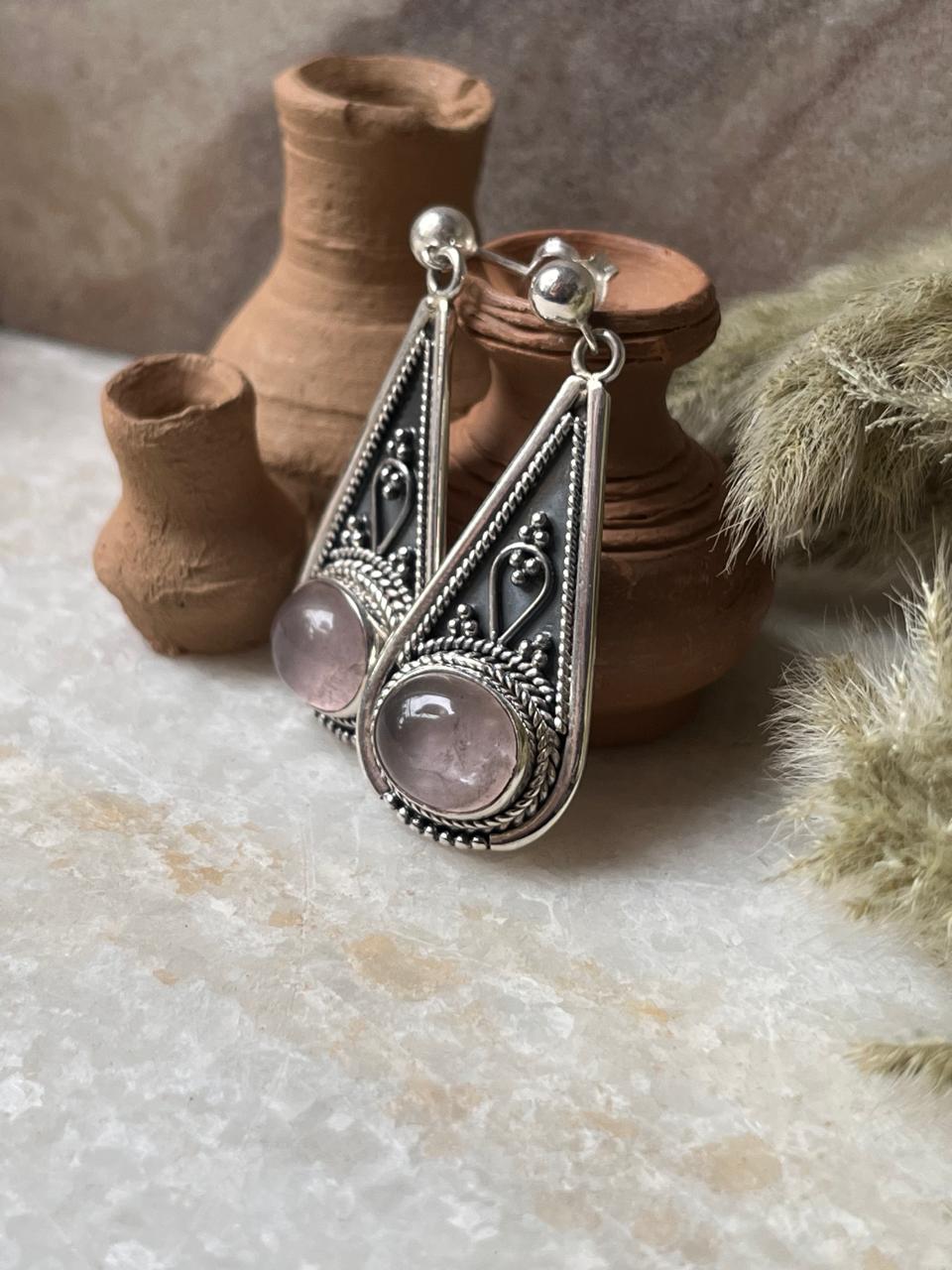Rose quartz ethnic Banjaran 925 sterling silver earrings